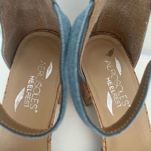Aerosoles Heelrest Cuff Link Blue Denim Cork Ankle Strap Heels Size 8 - Picture 4 of 9